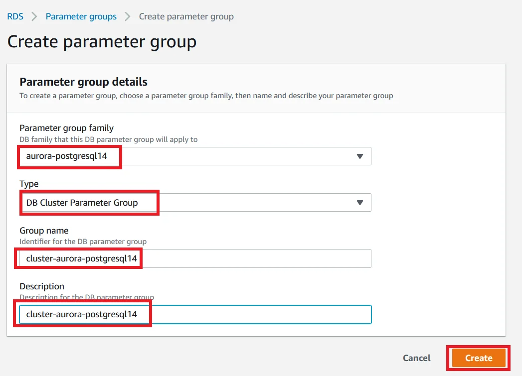 Upgrade Aurora PostgreSQL latest version with 0 Downtime using DMS Create Parameter Group Latest version