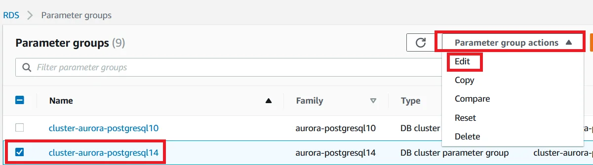 Upgrade Aurora PostgreSQL latest version with 0 Downtime using DMS Edit Parameter Group Latest version