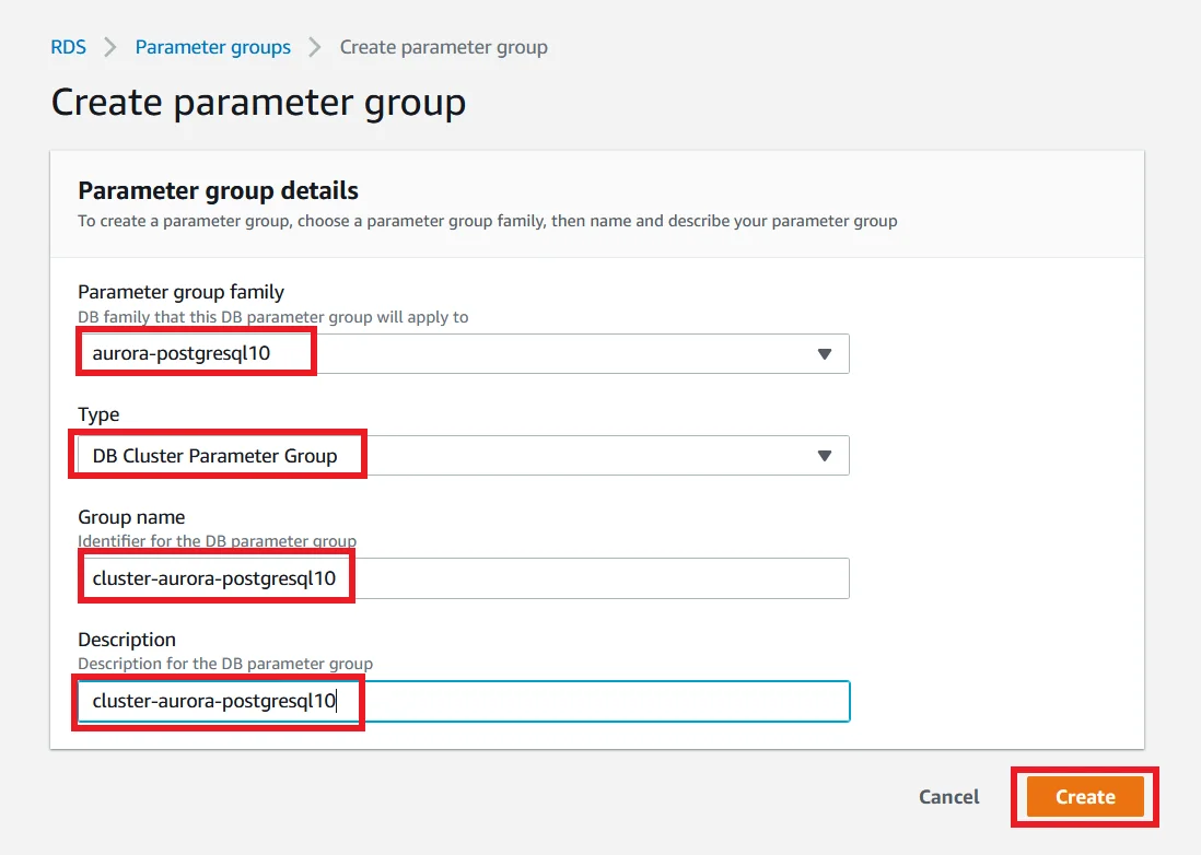 Upgrade Aurora PostgreSQL latest version with 0 Downtime using DMS Create parameter group