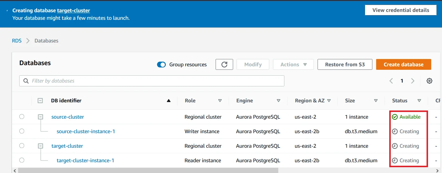 Upgrade Aurora PostgreSQL latest version with 0 Downtime using DMS Creating Source and Target Databases