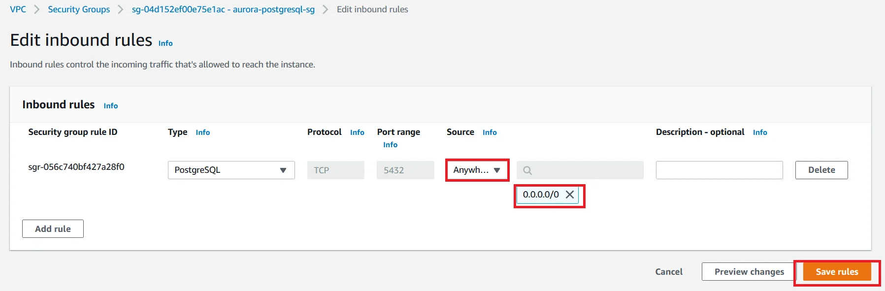 Upgrade Aurora PostgreSQL latest version with 0 Downtime using DMS Edit DB Security Group Inbound Rule