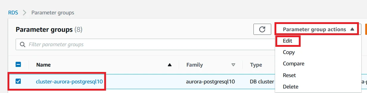 Upgrade Aurora PostgreSQL latest version with 0 Downtime using DMS Edit parameter group