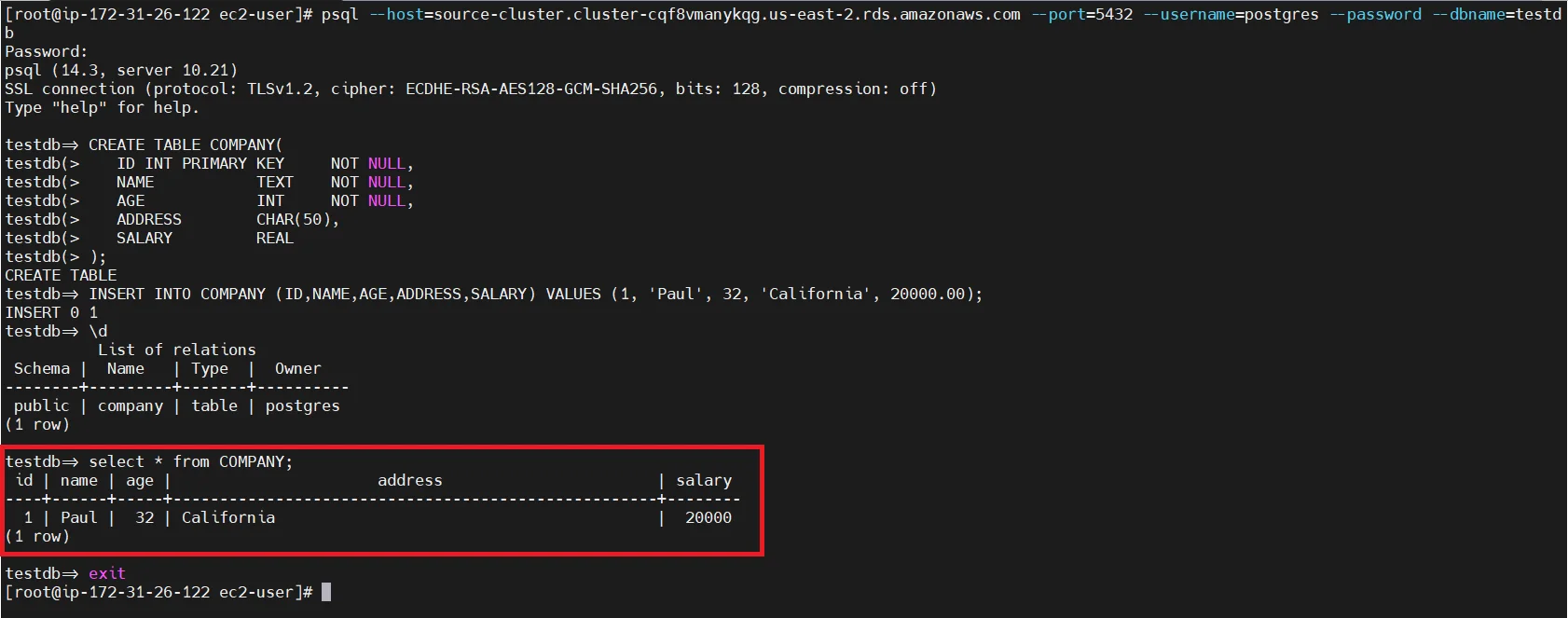 Upgrade Aurora PostgreSQL latest version with 0 Downtime using DMS Login to Source PostgreSQL DB Create Table