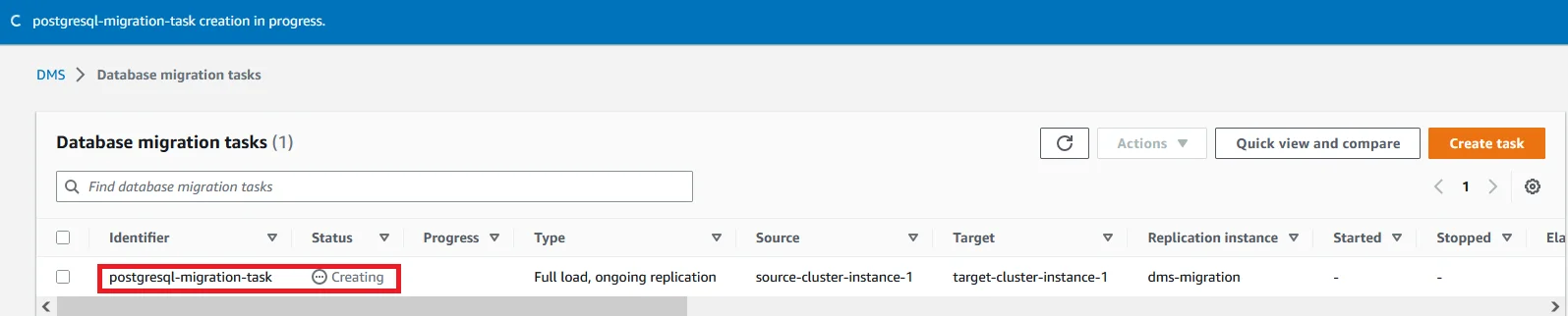 Upgrade Aurora PostgreSQL latest version with 0 Downtime using DMS Database Migration Task Creating