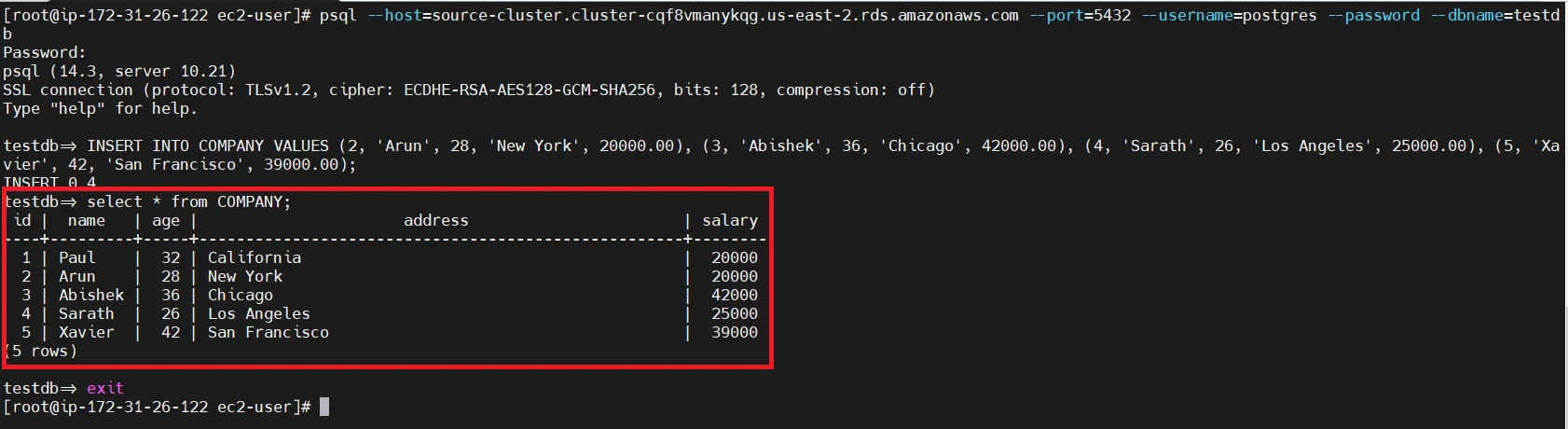 Upgrade Aurora PostgreSQL latest version with 0 Downtime using DMS Adding Rows Inside Source Database