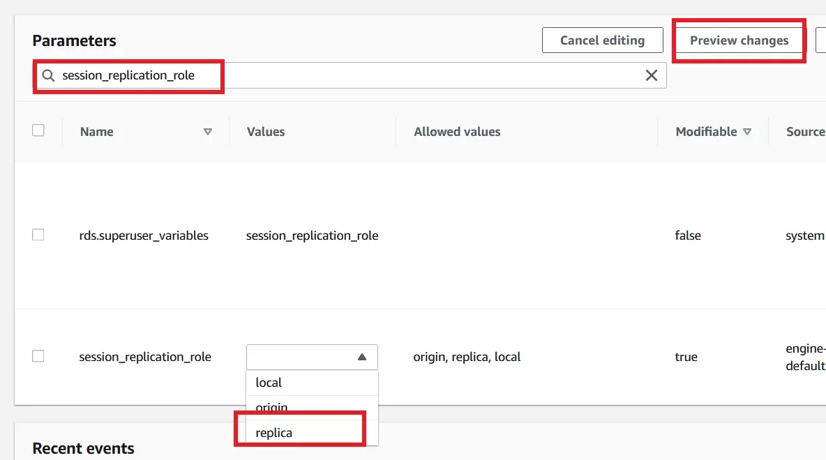 Upgrade Aurora PostgreSQL latest version with 0 Downtime using DMS Edit Session Replication Role