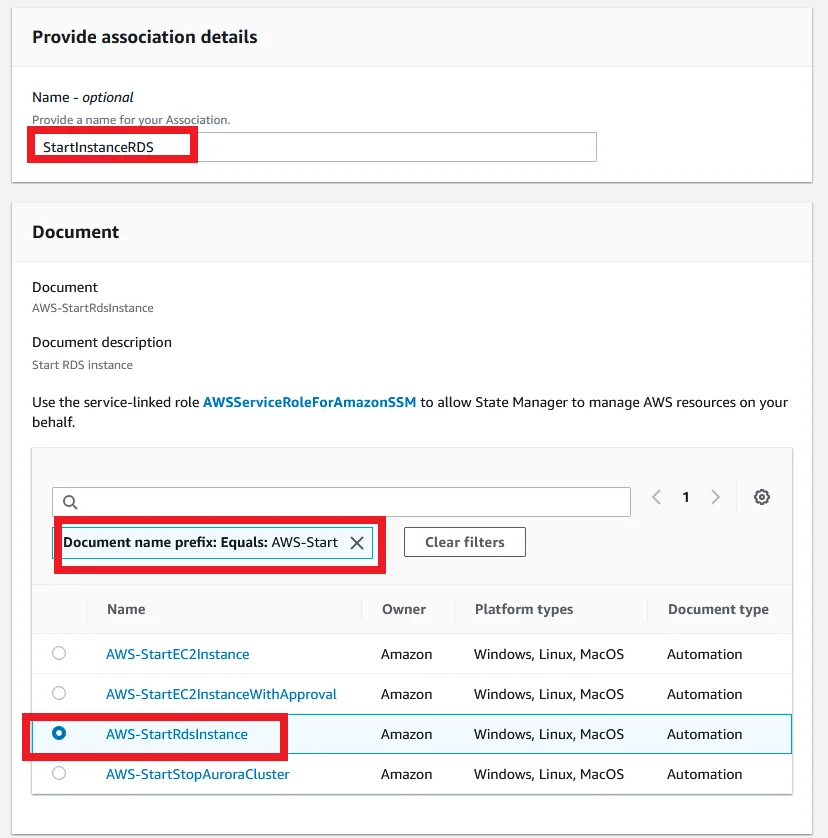 Stop and Start RDS Instance Automatically using System Manager State Manager Select Document to start