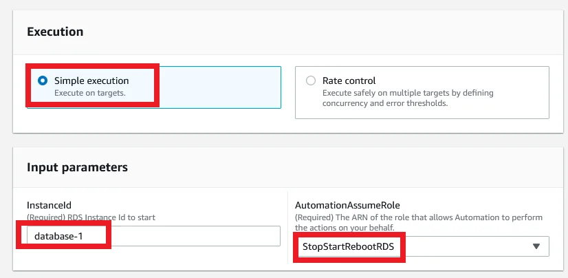 Stop and Start RDS Instance Automatically using System Manager State Manager Select Execution to start