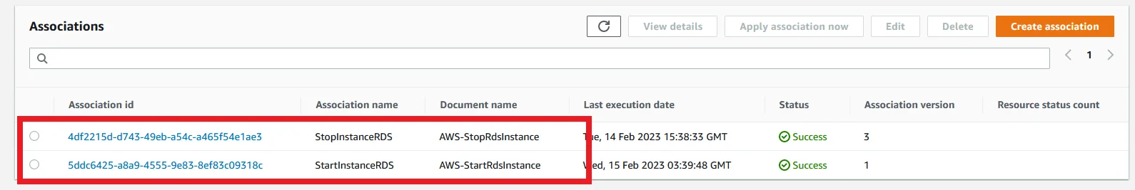 Stop and Start RDS Instance Automatically using System Manager Associations created