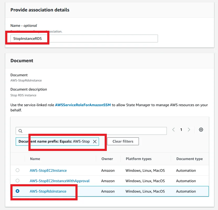 Stop and Start RDS Instance Automatically using System Manager State Manager Select Document