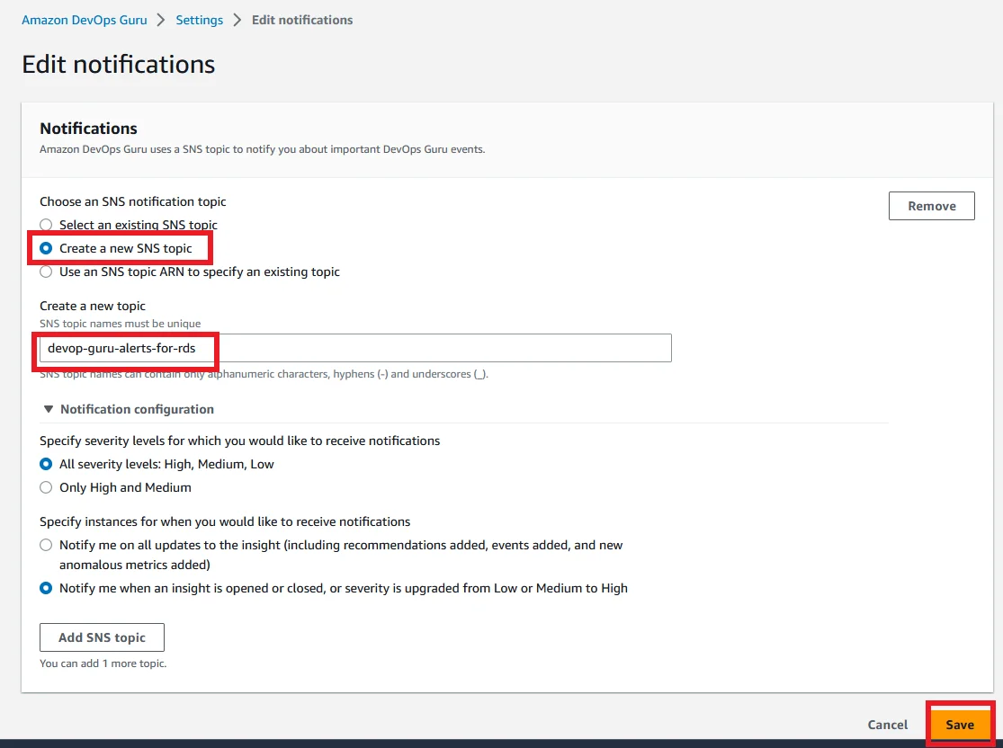 Enable Amazon DevOps Guru For RDS Add Notification in DevOps Guru Create New SNS Topic