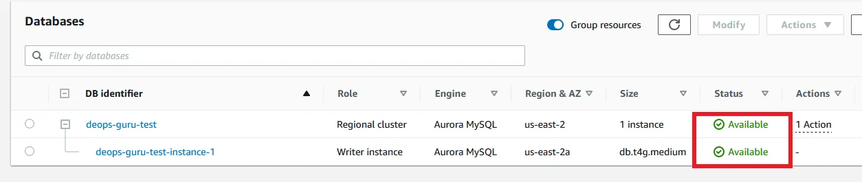 AWS DevOps Guru Database Status