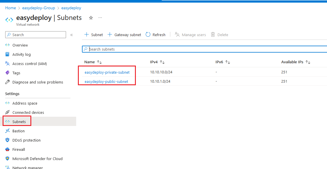 Azure subnets created