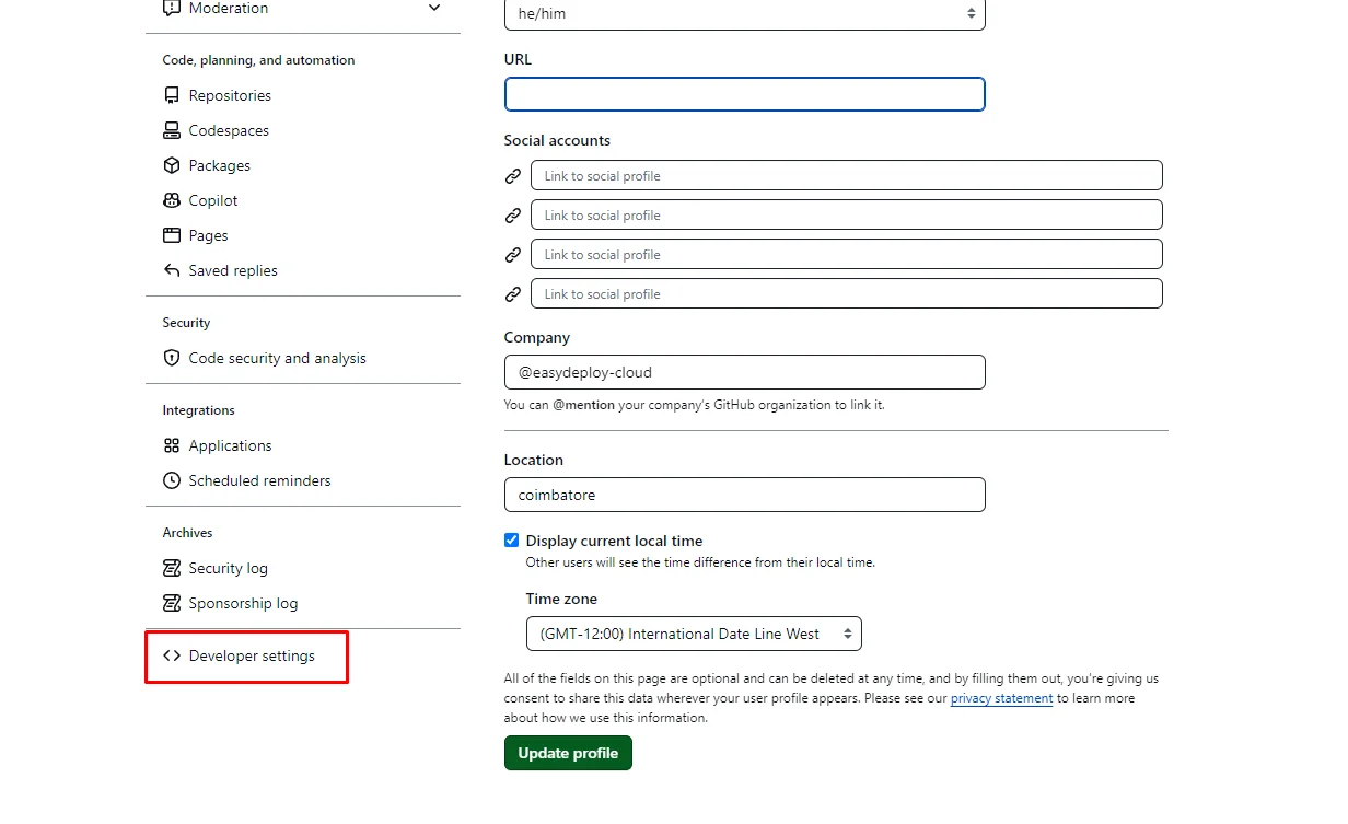 Github Developer settings