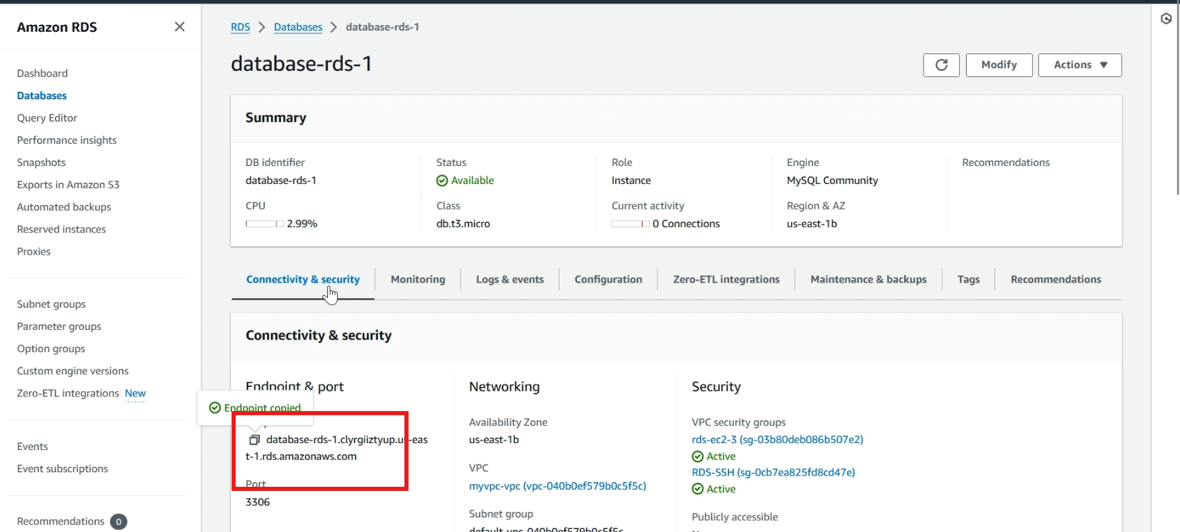 RDS database connection with EC2 instance