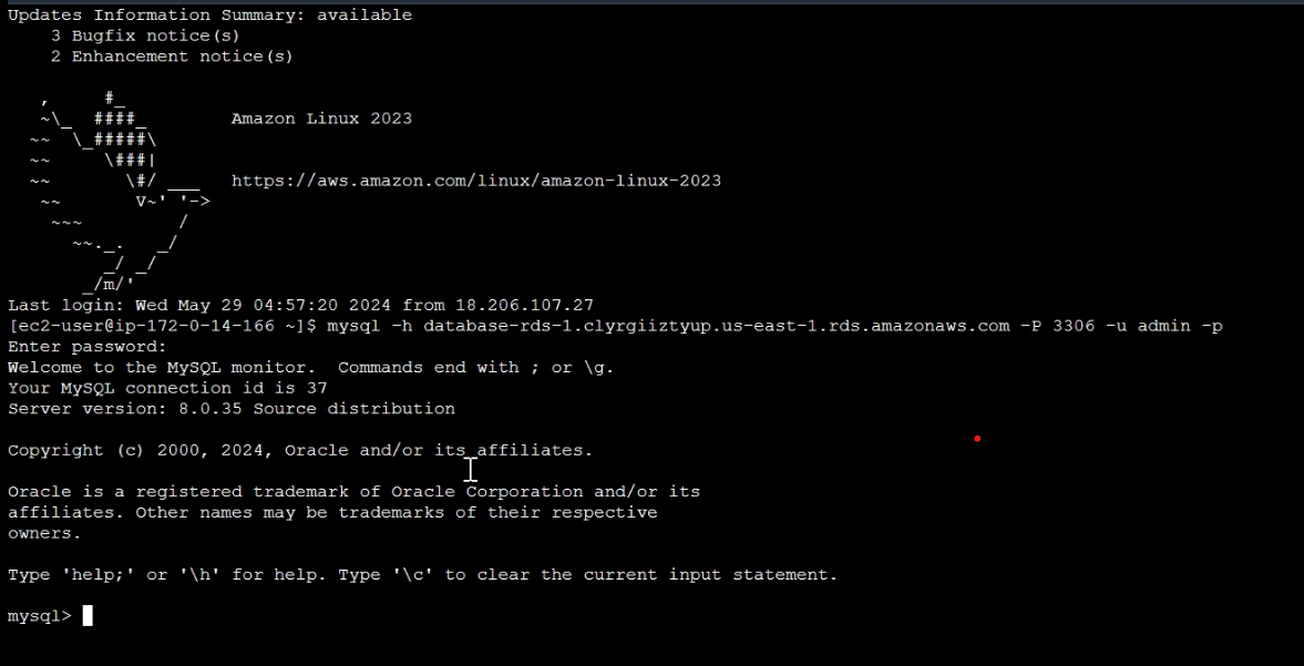 RDS database connection with EC2 instance